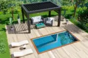 a small pool with a wooden deck and pergola are trending outdoor features