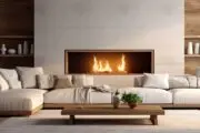 Linear fireplace with cream colored sofa with blankets in foreground